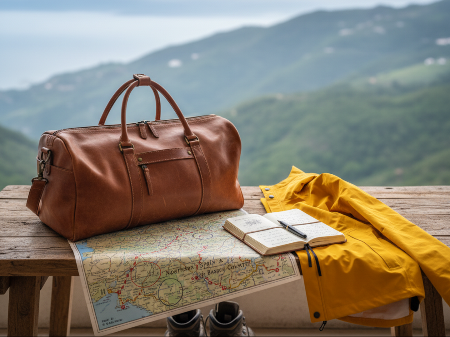 Reisevorbereitung für Nordspanien mit Regenjacke und Karte auf Tisch