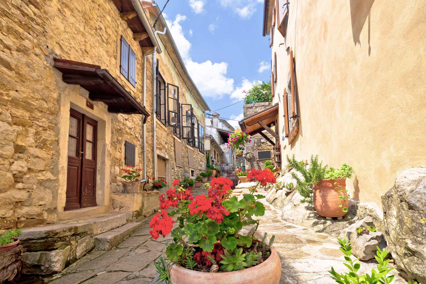 Hum in Kroatien: eine blumengesäumte Gasse