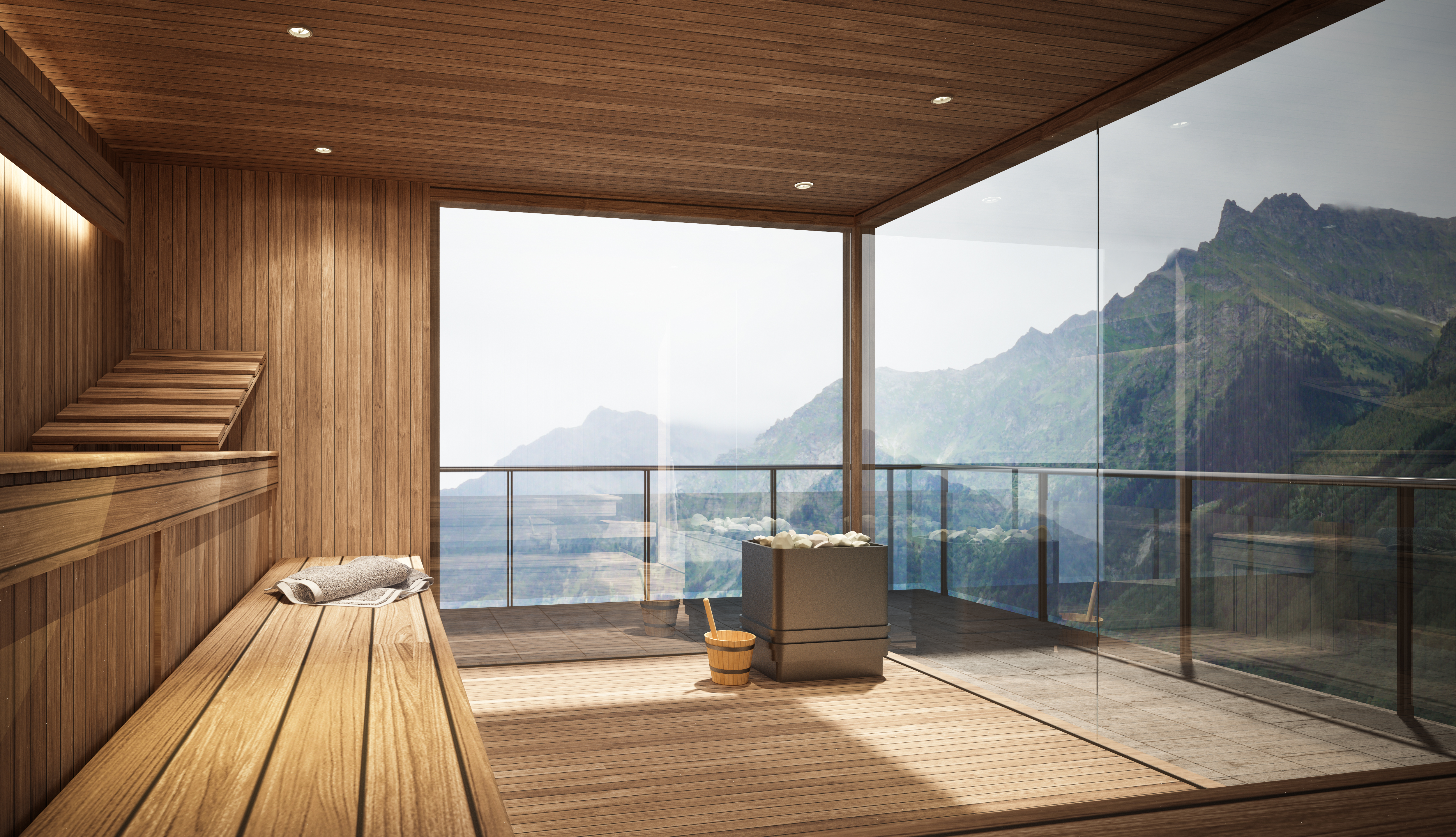 Moderne Sauna mit Panoramablick auf grüne Berglandschaft während eines Wellnessurlaubs in den Bergen