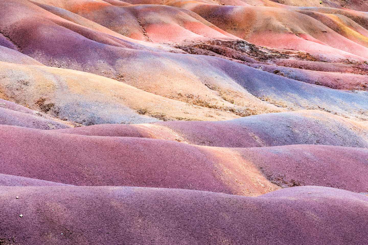 Die siebenfarbige Erde auf Mauritius zeigt sich in intensiven Violett- und Blautönen 