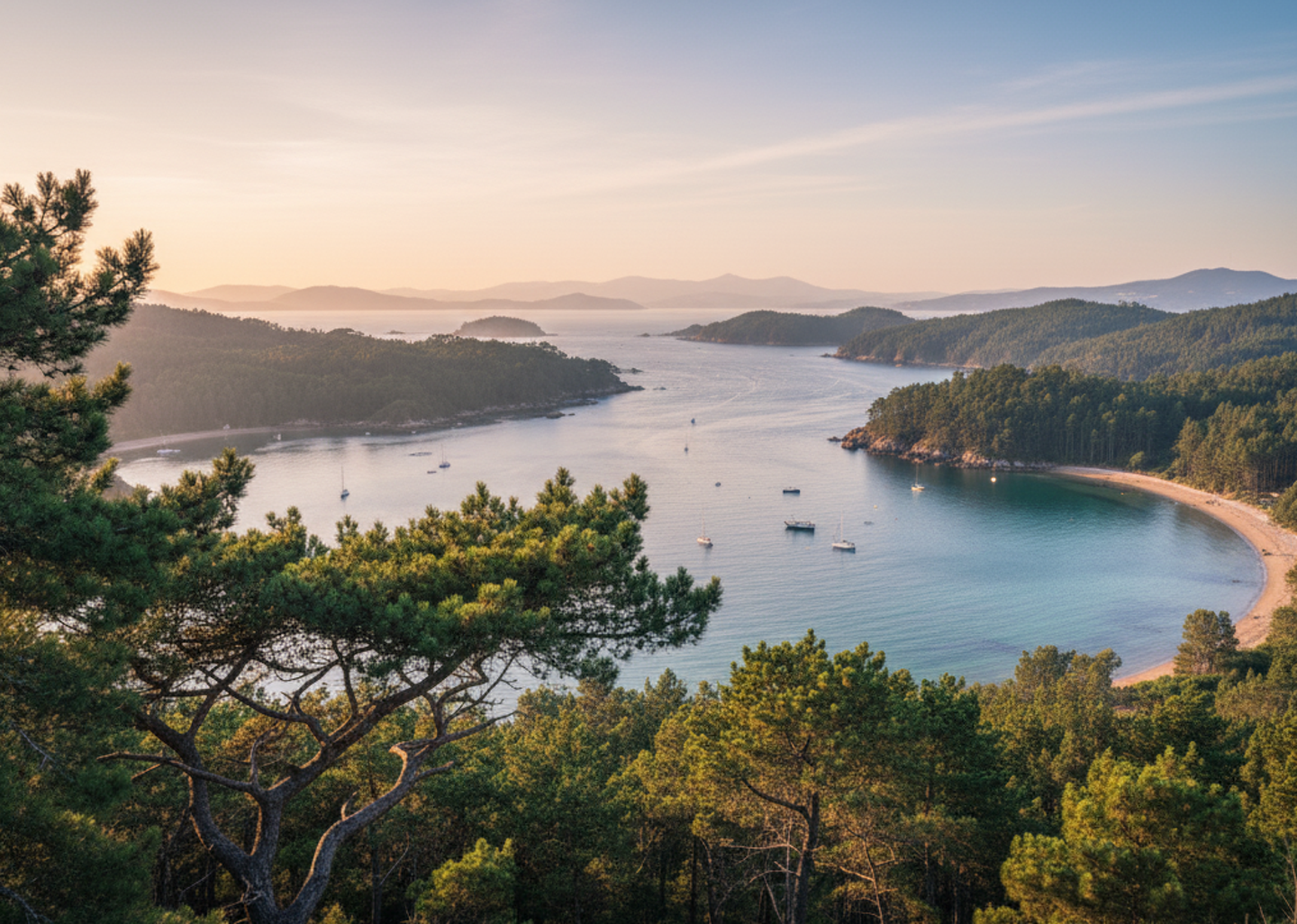 Rías Baixas in Galicien: fjordartige Bucht mit Pinienwäldern, Inseln und ruhigem Atlantik bei warmem Abendlicht