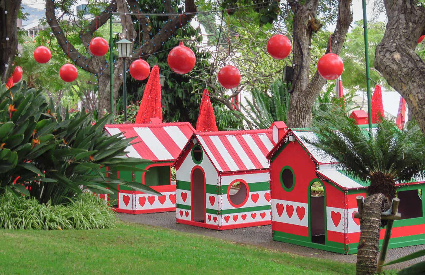 Madeira beste Reisezeit: Weihnachtliche Häuser im Park in Funchal