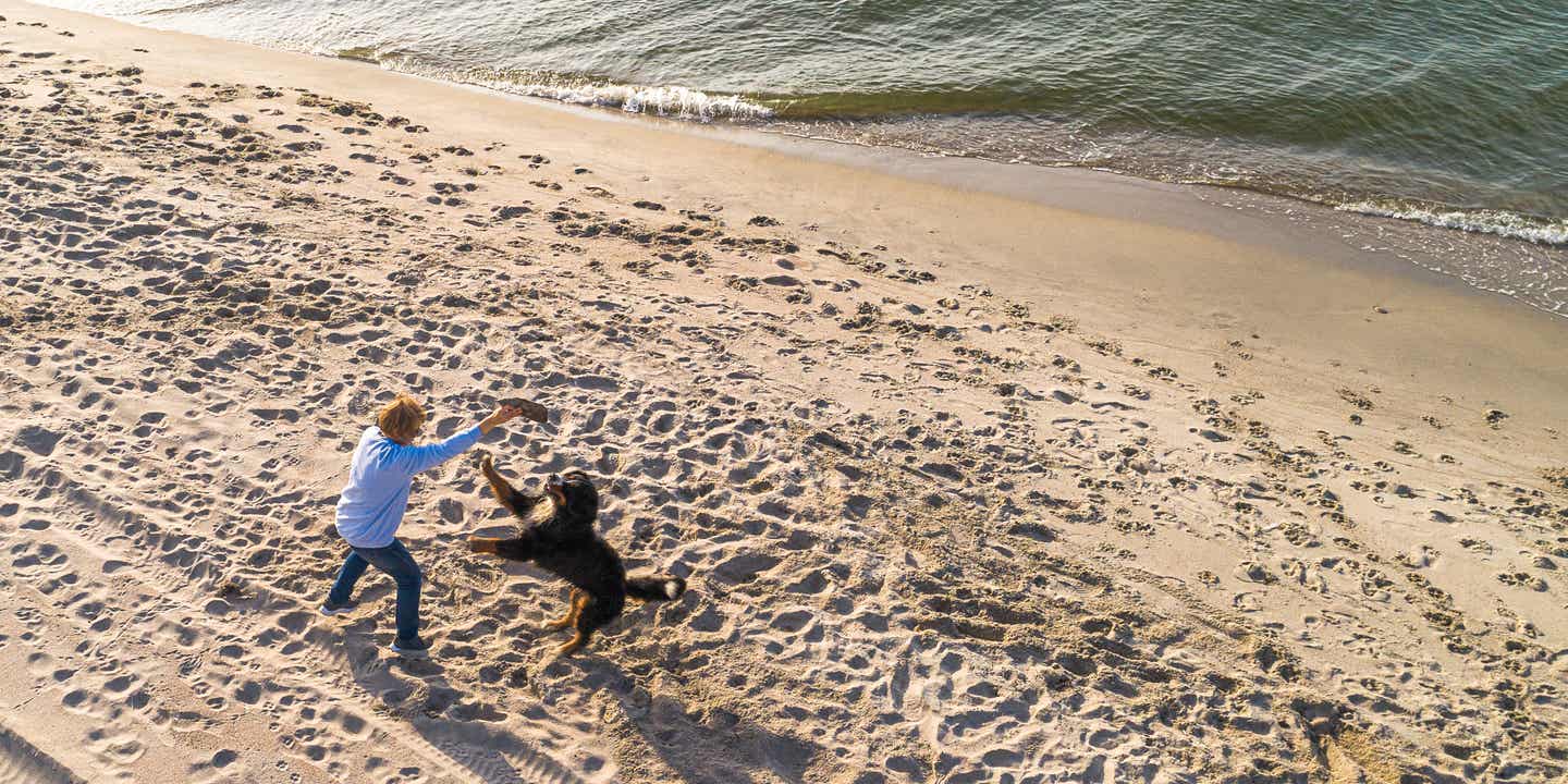 Frau spielt mit ihrem Hund am Sandstrand der Ostsee – ein perfekter Moment für einen Urlaub mit Hund an der Ostsee