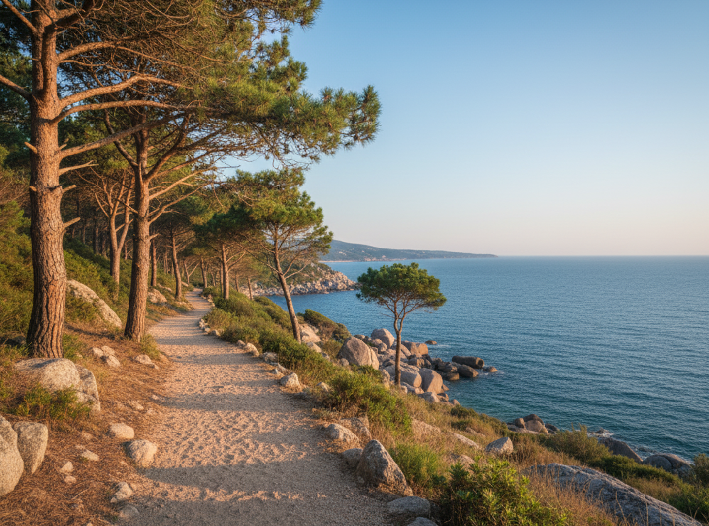 Küstenweg mit Kiefern und Felsen auf der Illa de Arousa in Galicien, im Hintergrund glitzert das Meer unter klarem Himmel