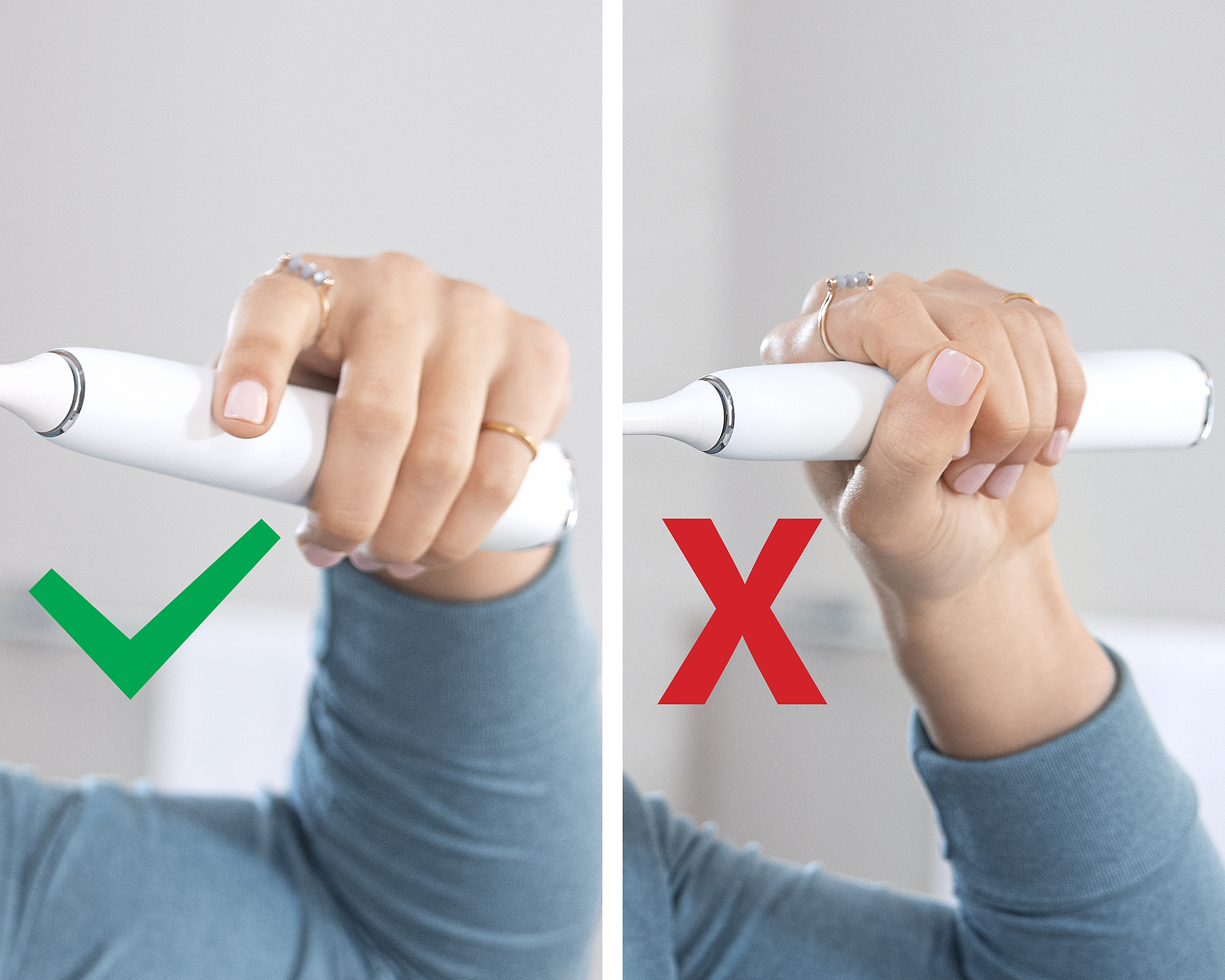 Right and wrong way to hold a toothbrush.
