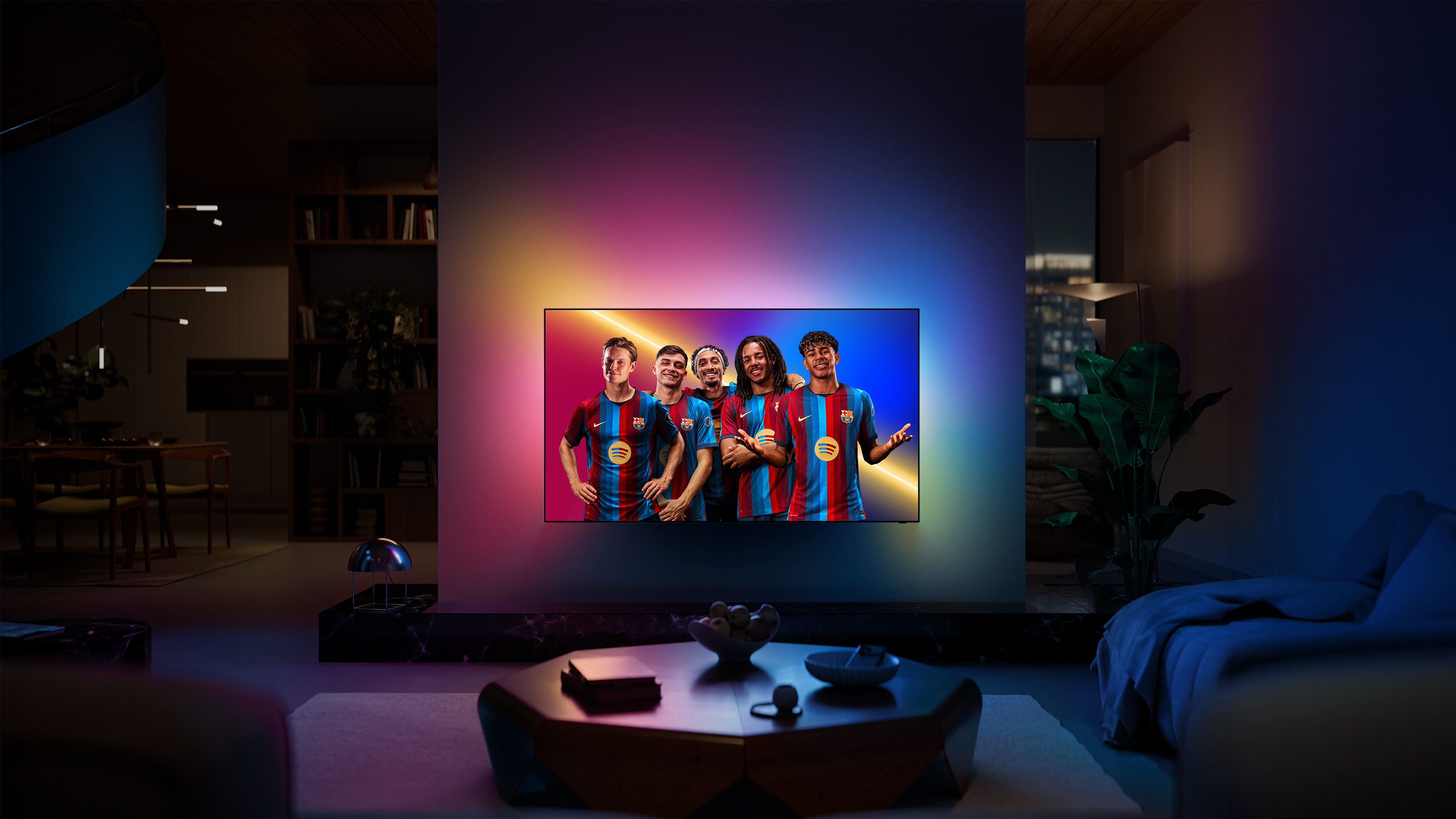 Philips Ambilight-tv met FC Barcelona-spelers en meeslepende sfeerverlichting