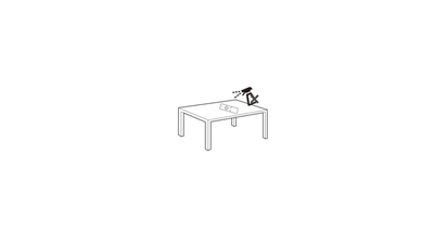 Illustration d’une table avec un récipient renversé laissant échapper un liquide, indiquant qu’il faut éviter de placer des liquides à proximité de l’appareil.