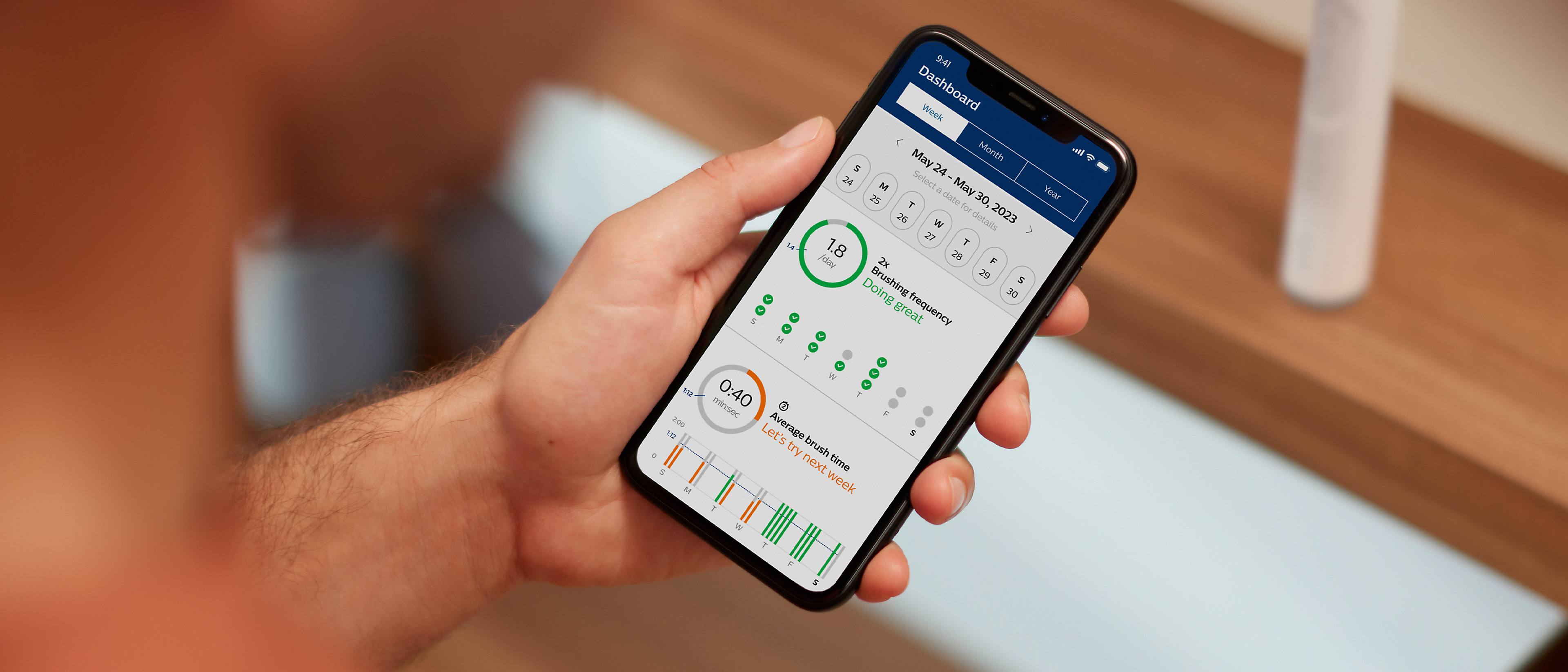 A smartphone showing the dashboard on the Philips Sonicare app.