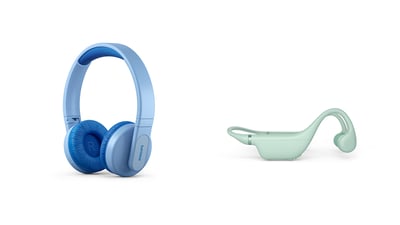 A blue headband kids headphones and a green open ear kids headphones