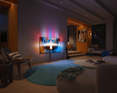 Philips Ambilight Fernseher auf einem Standfuß, der ein modernes Wohnzimmer mit farbigen Lichteffekten beleuchtet.