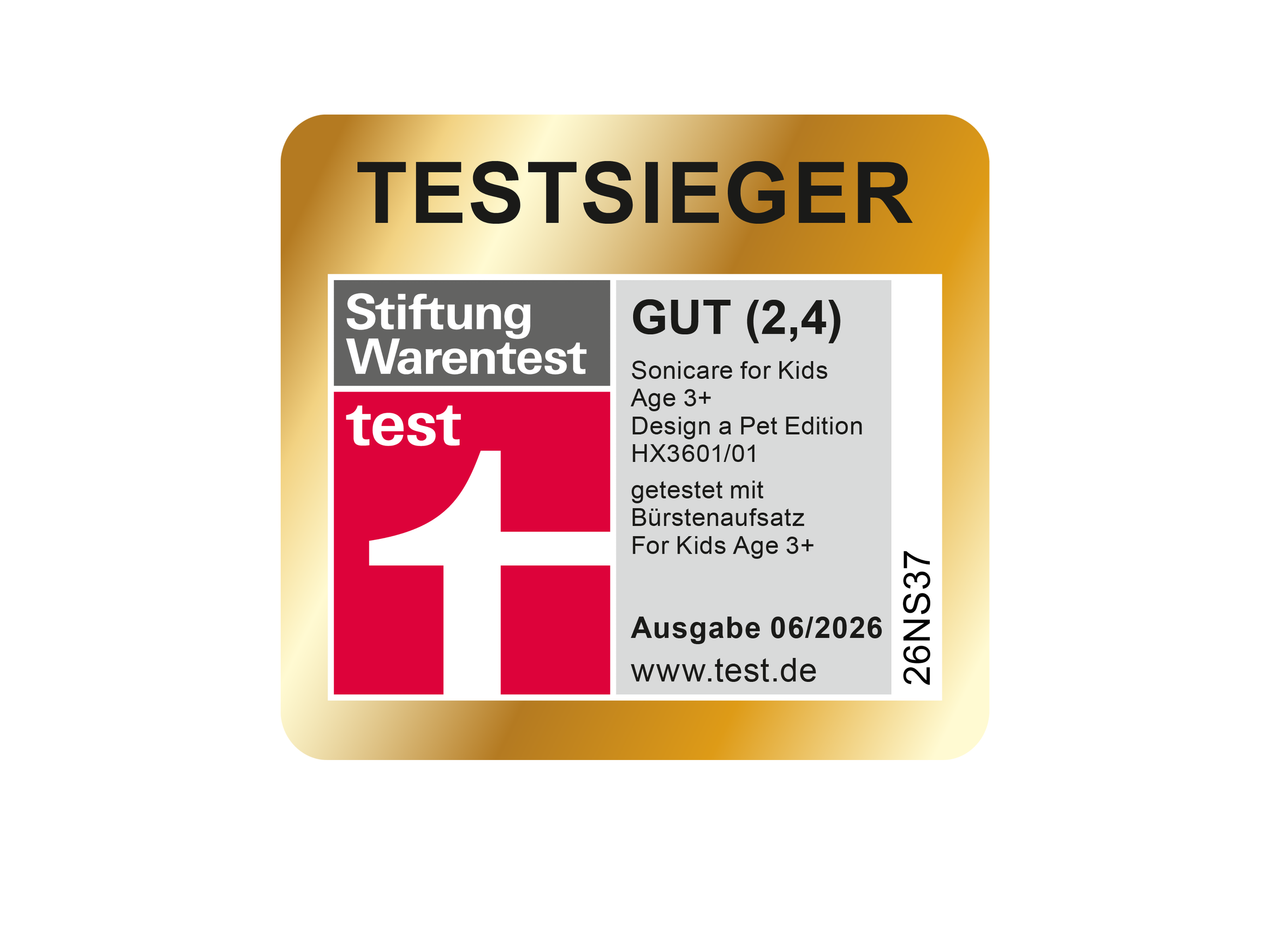 Stiftung Warentest Testsieger Label für die mit GUT (2.4) bewertete Philips Sonicare Kids Zahnbürste für Kinder ab drei Jahren.