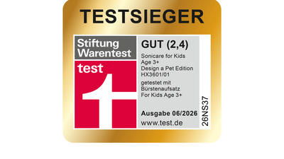 Stiftung Warentest Testsieger Label für die mit GUT (2.4) bewertete Philips Sonicare Kids Zahnbürste für Kinder ab drei Jahren.