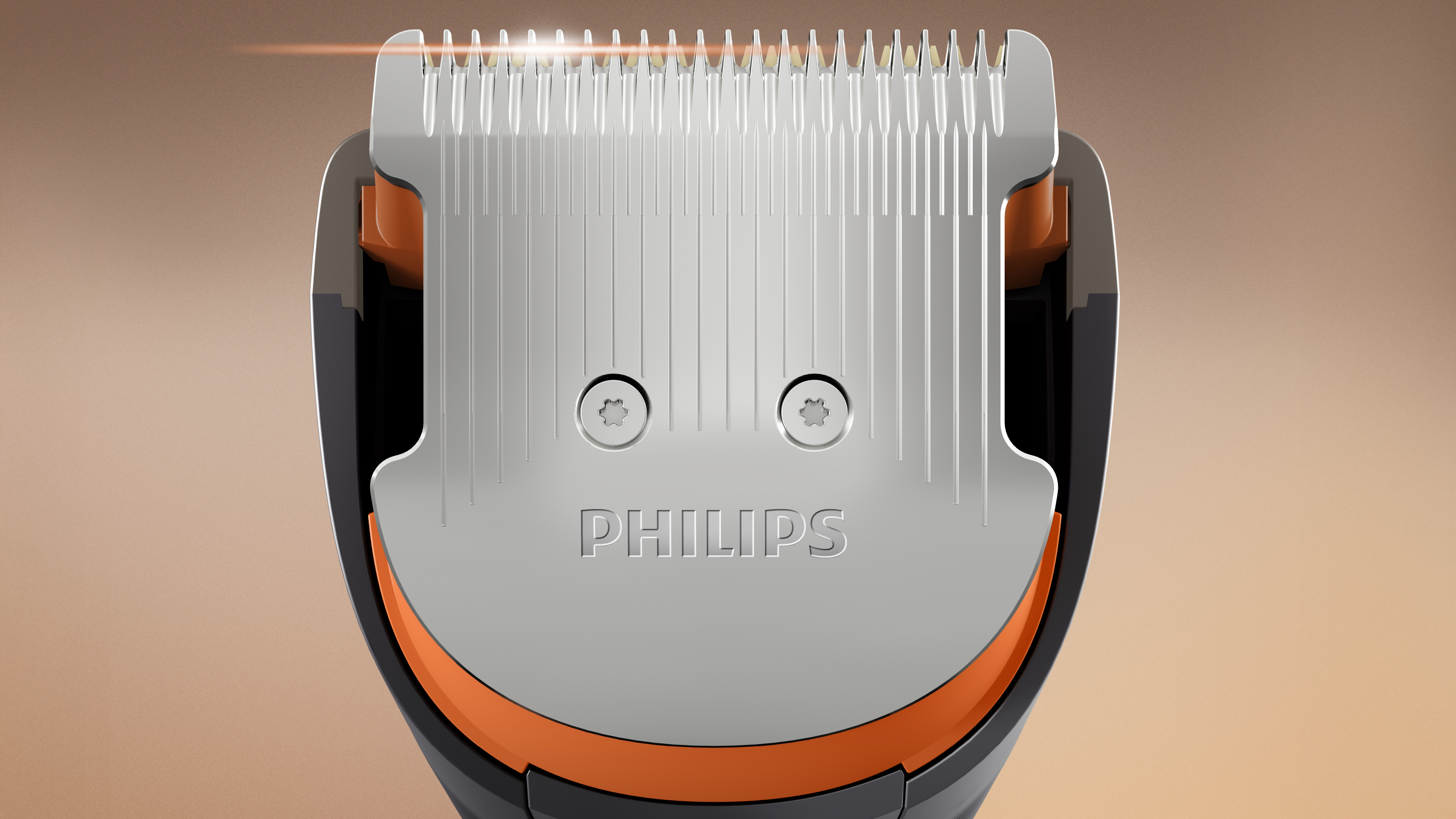Nahaufnahme des Schneidemessers des Philips Haarschneiders 9000 zur Hervorhebung der DualCut Technologie für präzises Haareschneiden