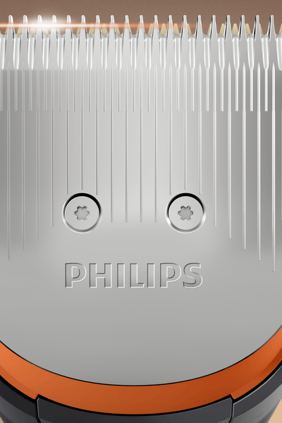 Nahaufnahme des Schneidemessers des Philips Haarschneiders 9000 zur Hervorhebung der DualCut Technologie für präzises Haareschneiden