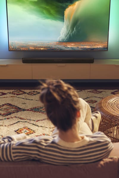 Person watching Philips Ambilight TV with a soundbar in a cozy living room
