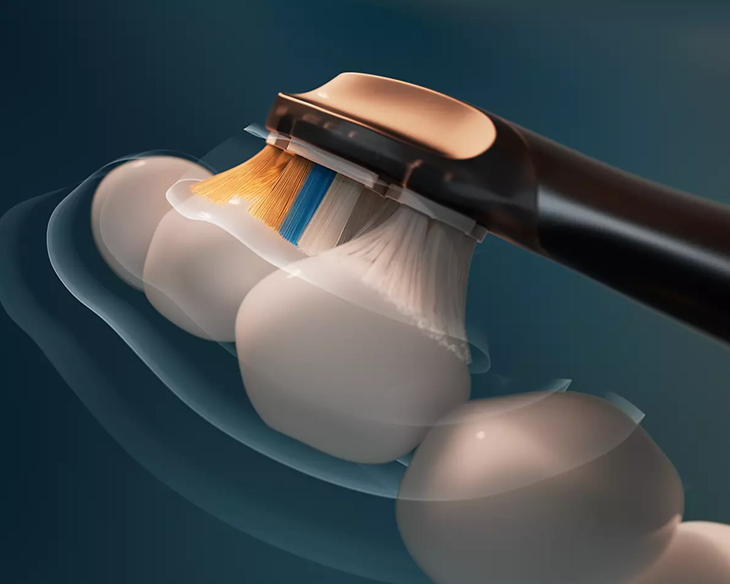 A close up of a brush head cleaning teeth.