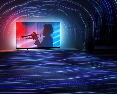 Philips Ambilight TV with trumpet scene and vivid lights