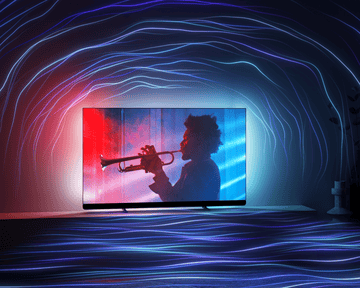 Philips Ambilight TV with trumpet scene and vivid lights