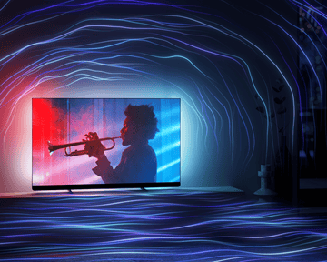 Philips Ambilight TV with trumpet scene and vivid lights