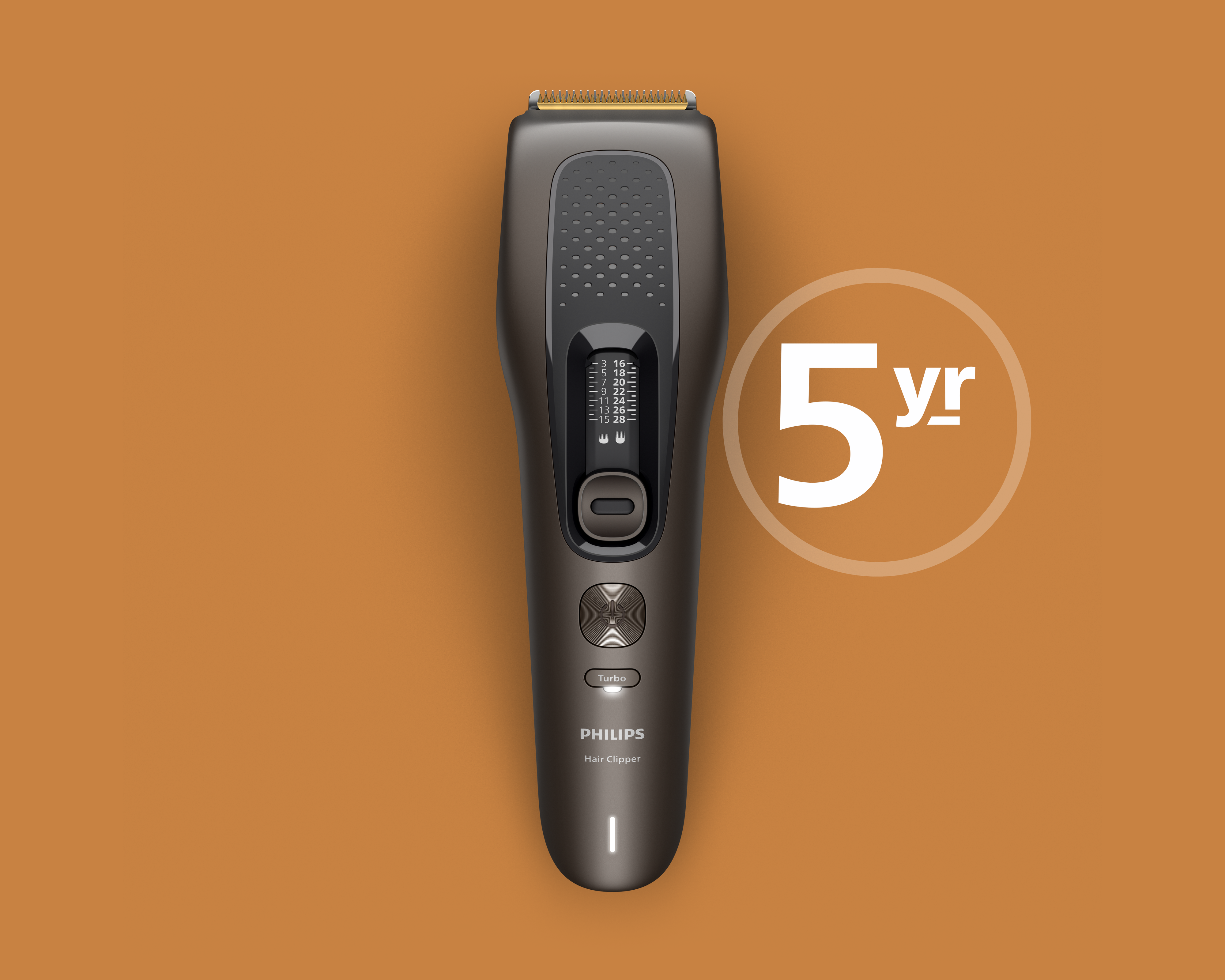 Philips Hair Clipper 9000 hajvágó 5 éves garanciát jelző grafikával, amely kiemeli a készülék tartós...