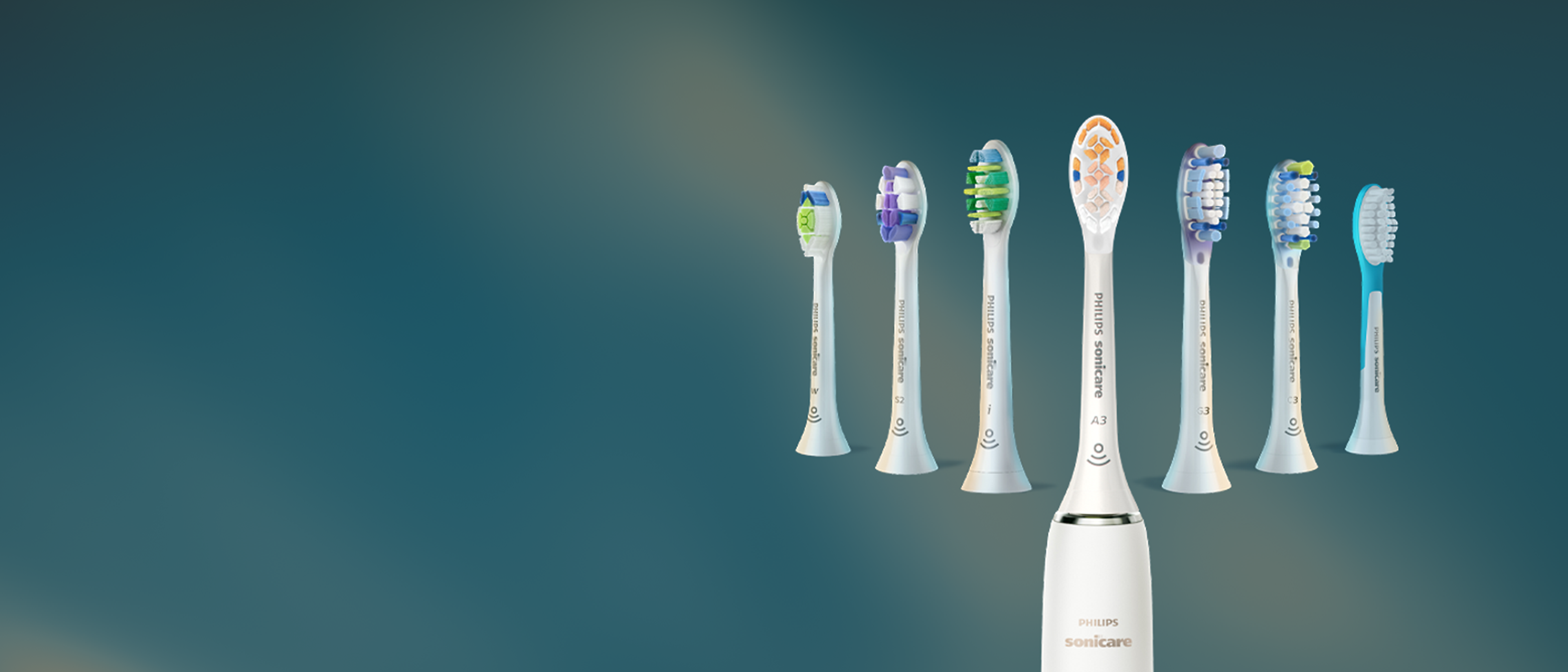 Philips Sonicare brush heads arranged on a countertop