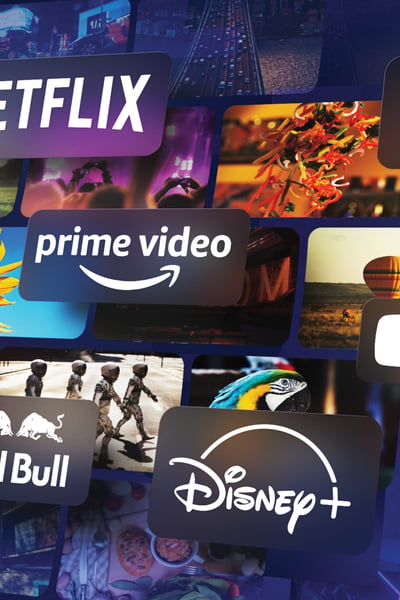 Logos of top streaming services over vivid show scenes.
