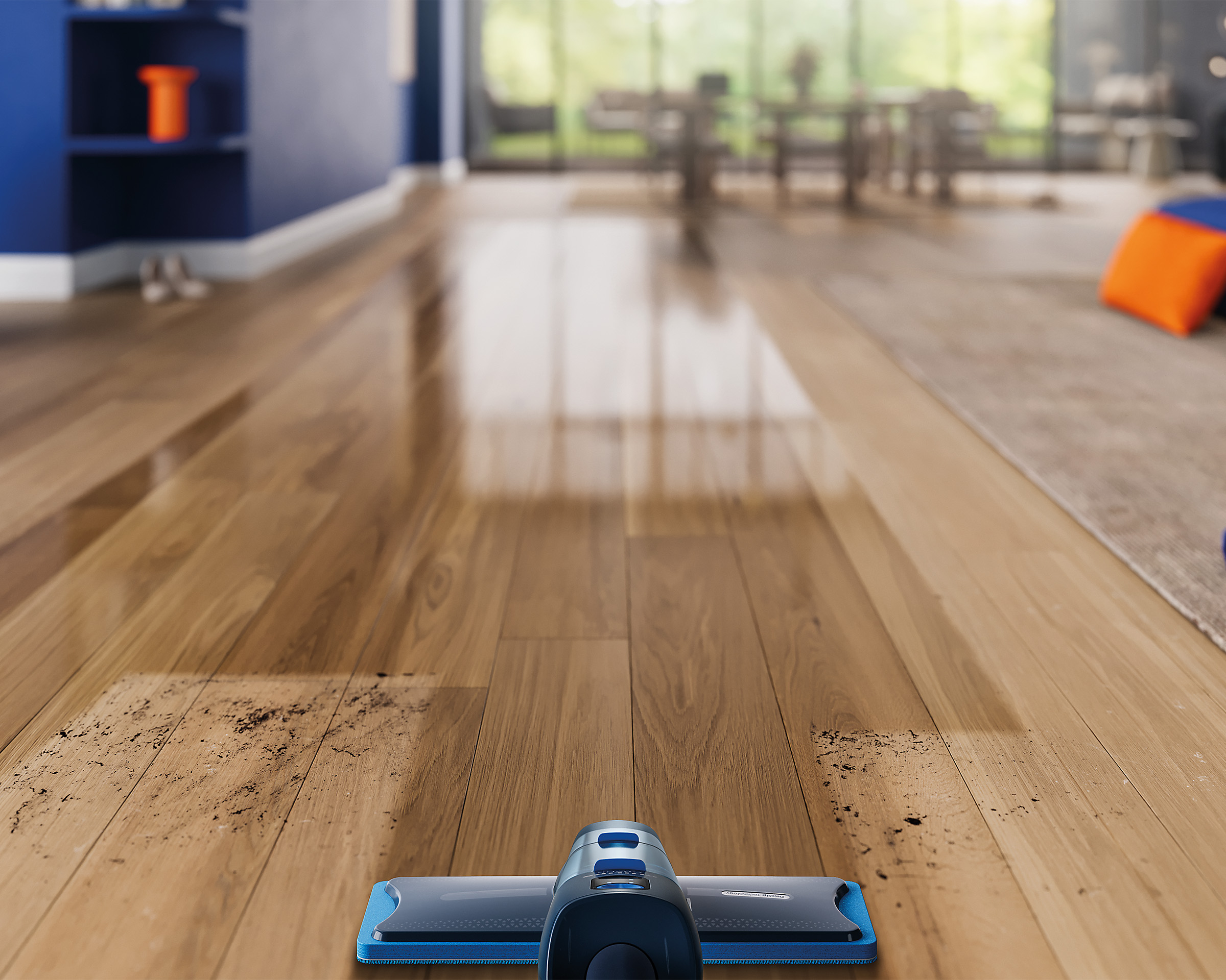 Син моп, почистващ дървен под
