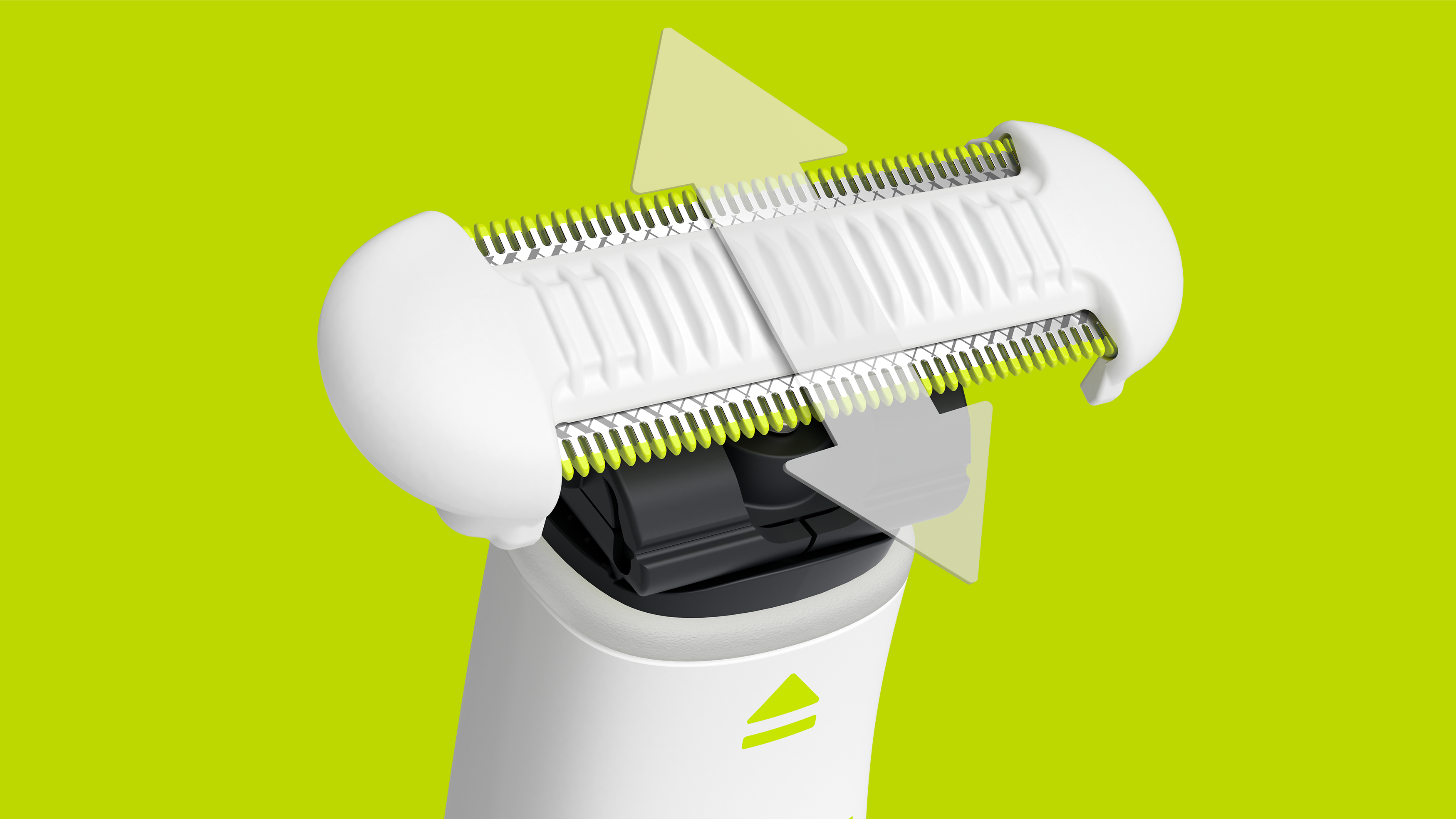 Zbliżenie ostrza Philips OneBlade Intimate SkinProtect, zaprojektowanego tak, by podążać za konturam...