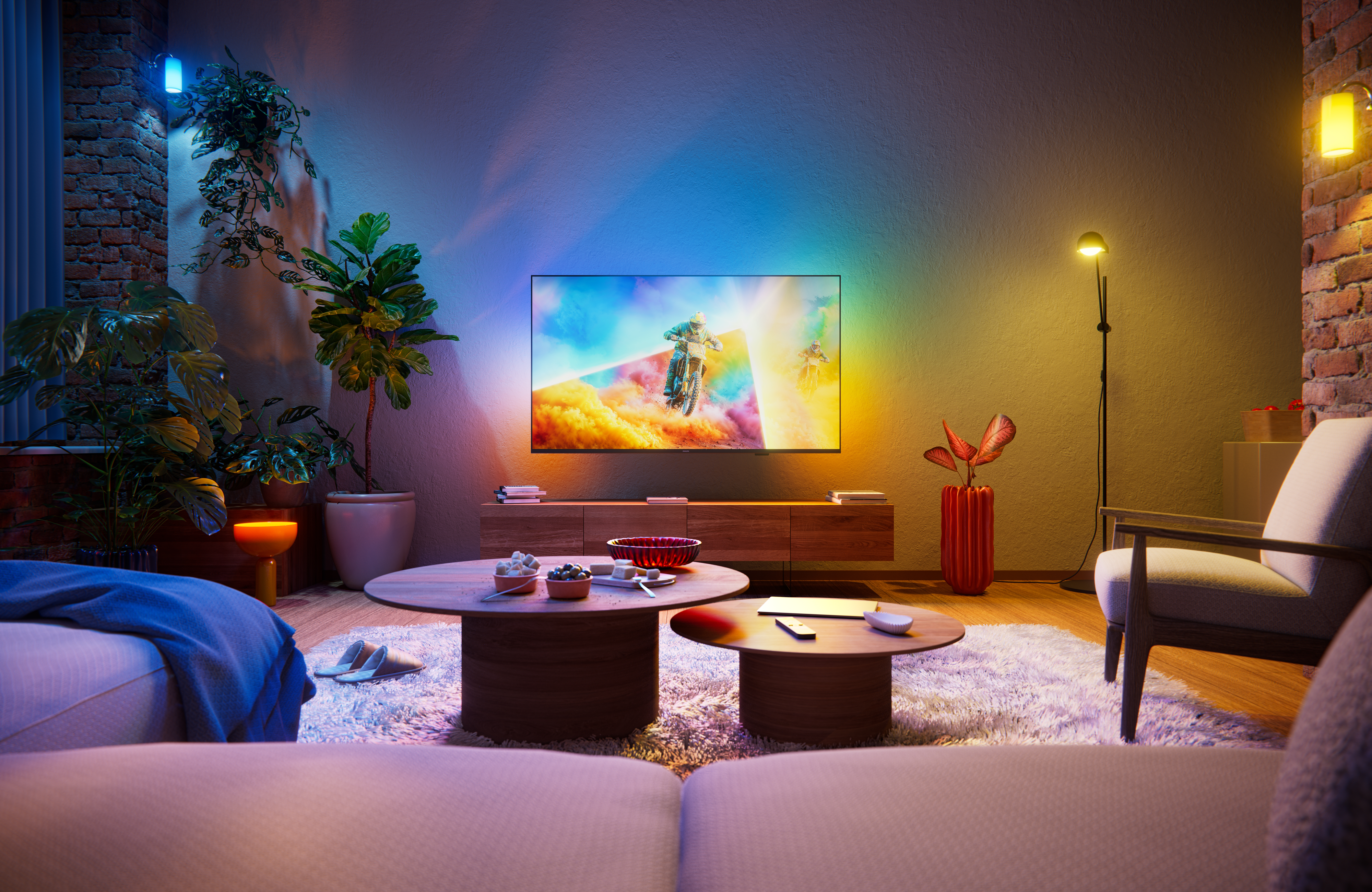 55 inch Philips Ambilight TV in a living room
