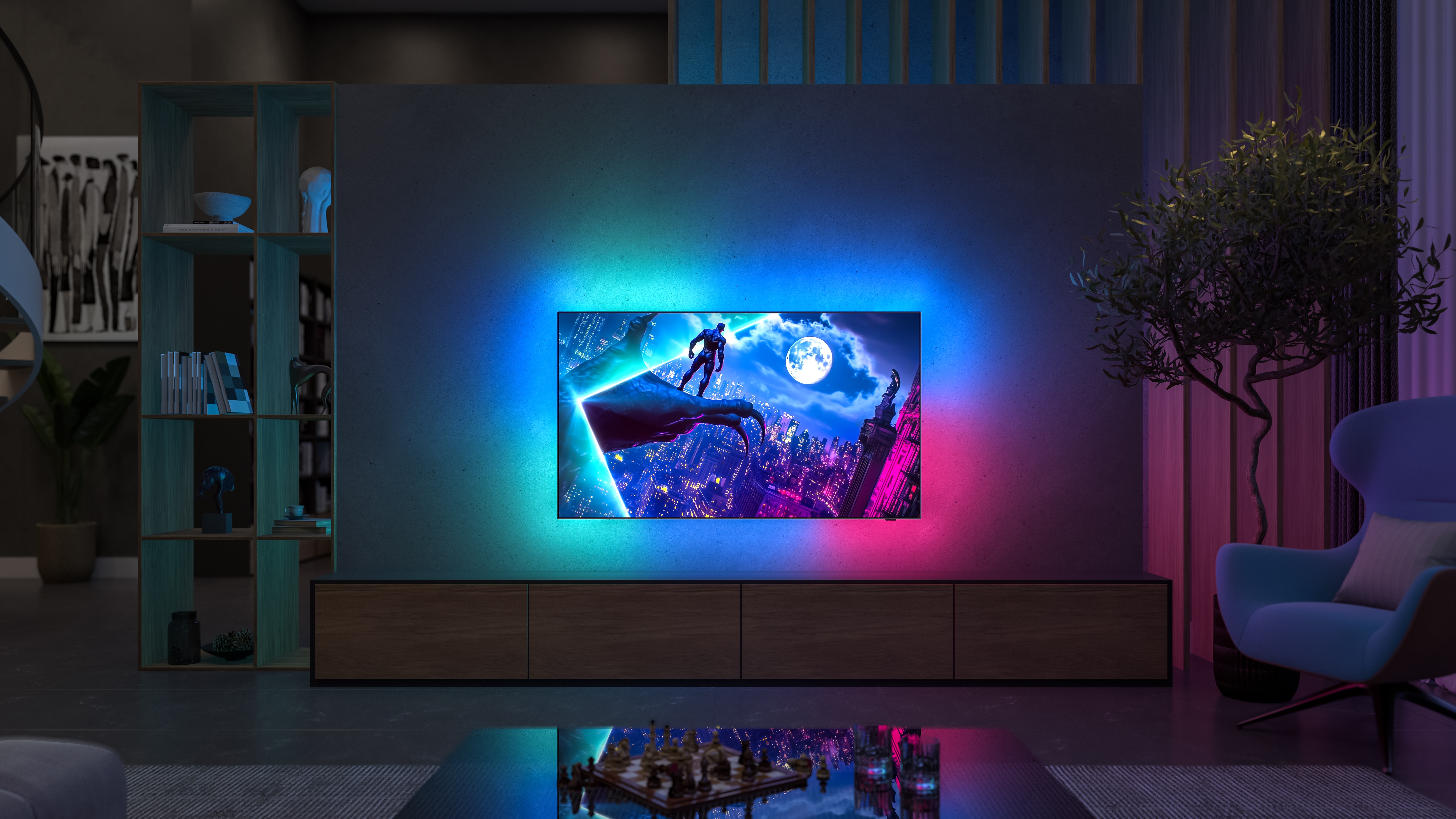 Philips OLED 950 TV showing city scene with Ambilight