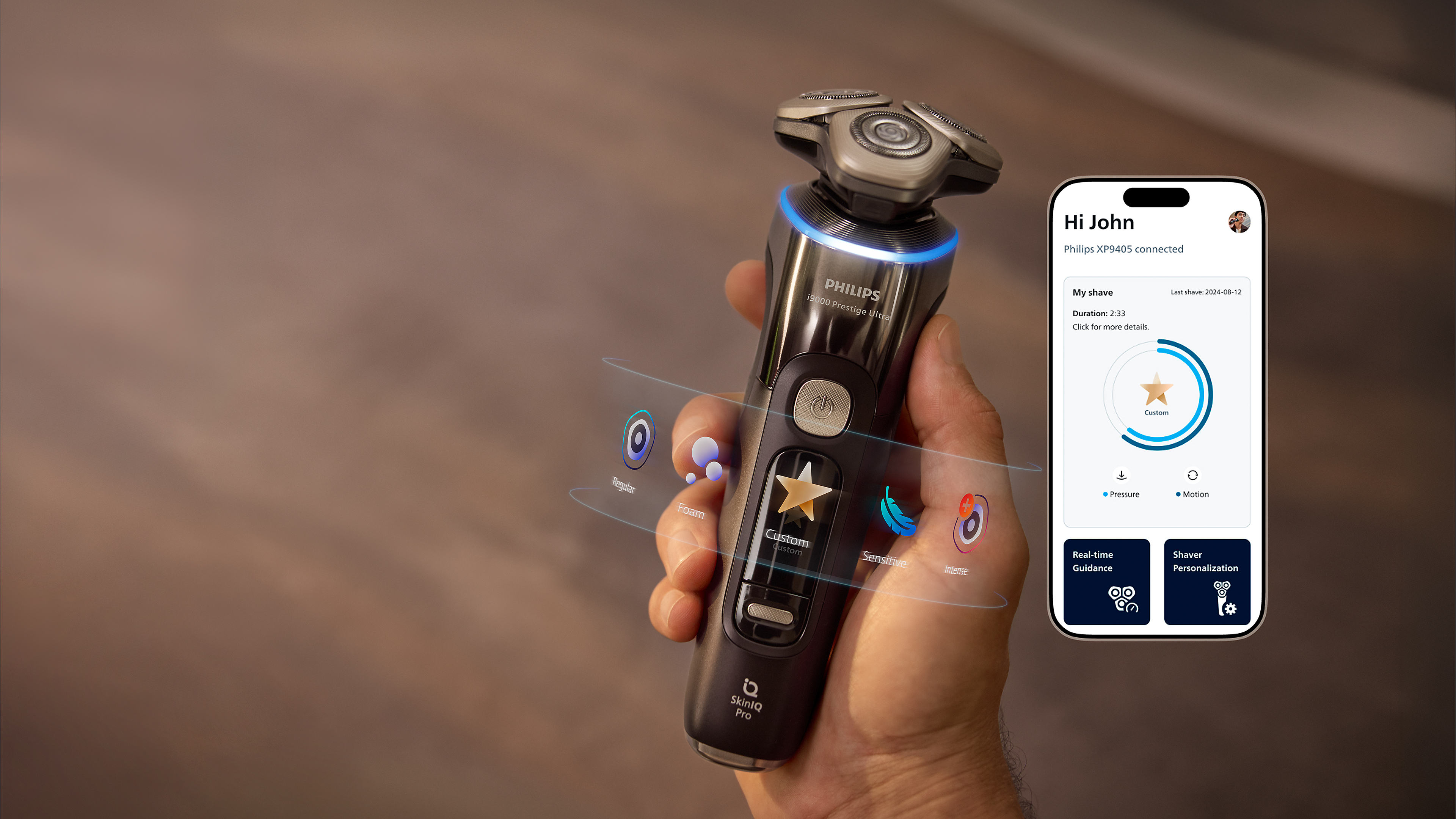 A hand holding a razor and next to it a display of the Male Grooming App