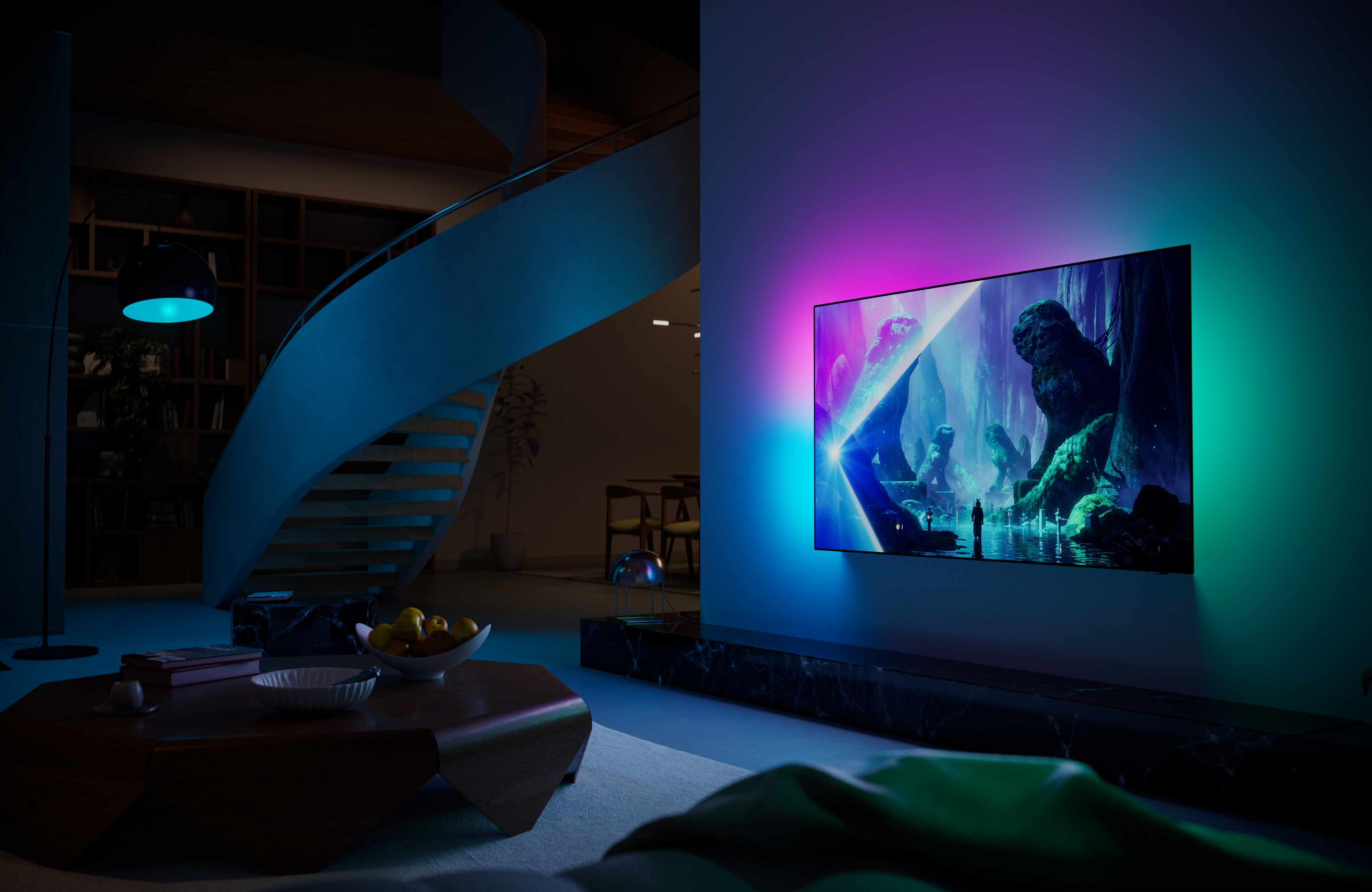Philips Ambilight TV mounted on a wall in a modern living room, casting colorful ambient light that matches the vivid fantasy scene displayed on screen.