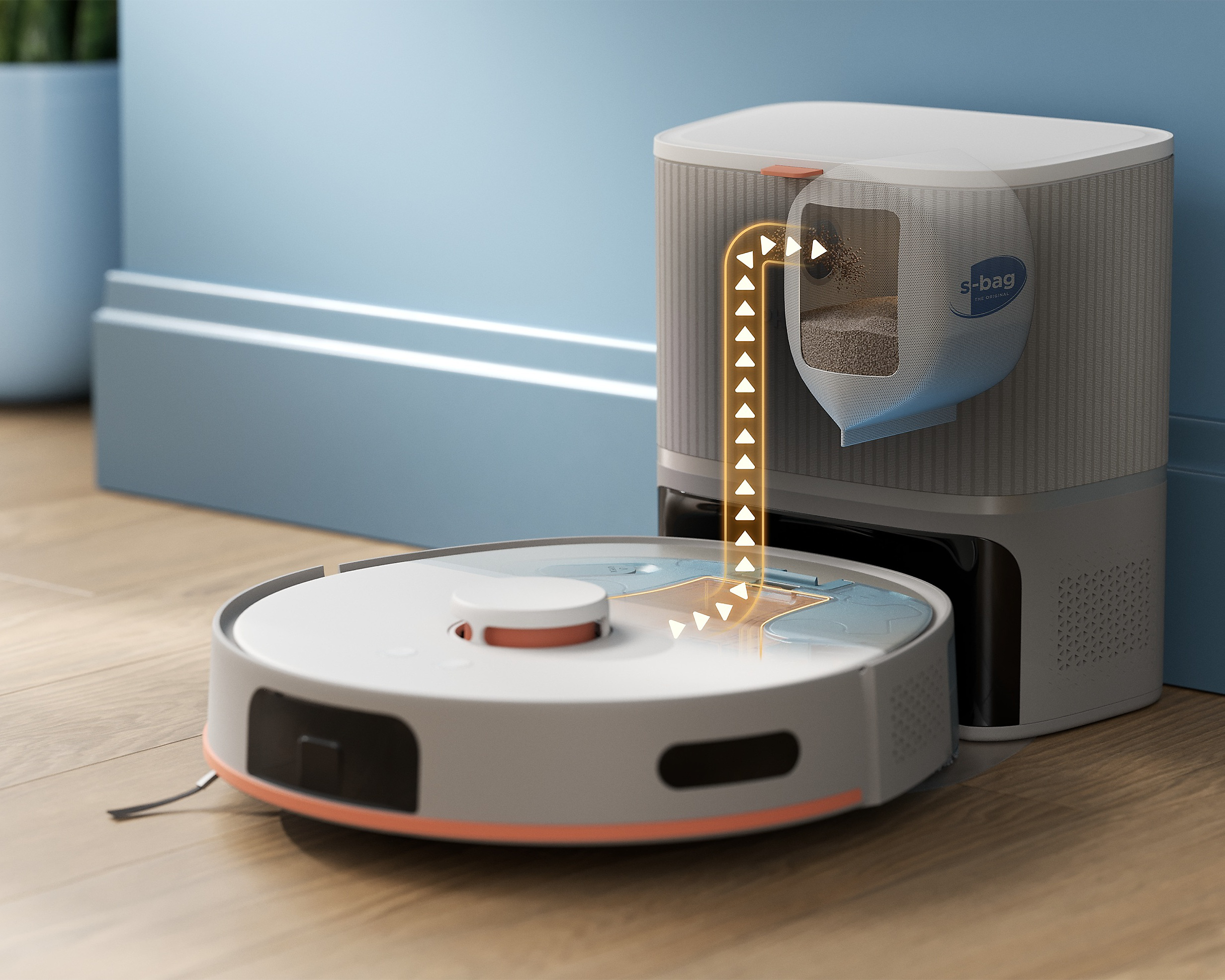 Robots putekļsūcējs automātiski izber putekļus dokstacijā.