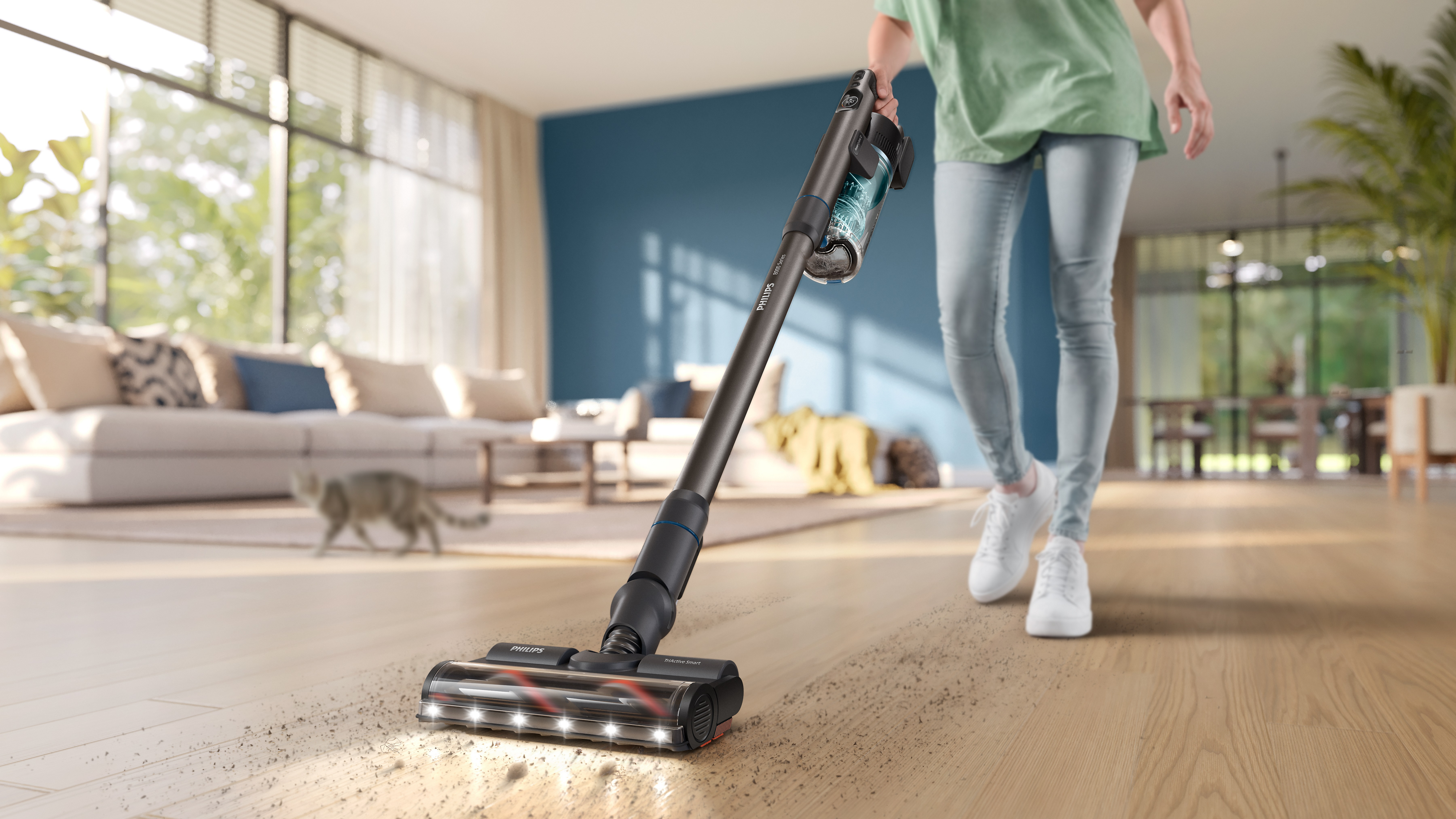 Philips bezvada putekļsūcējs tīra dzīvojamās istabas grīdu