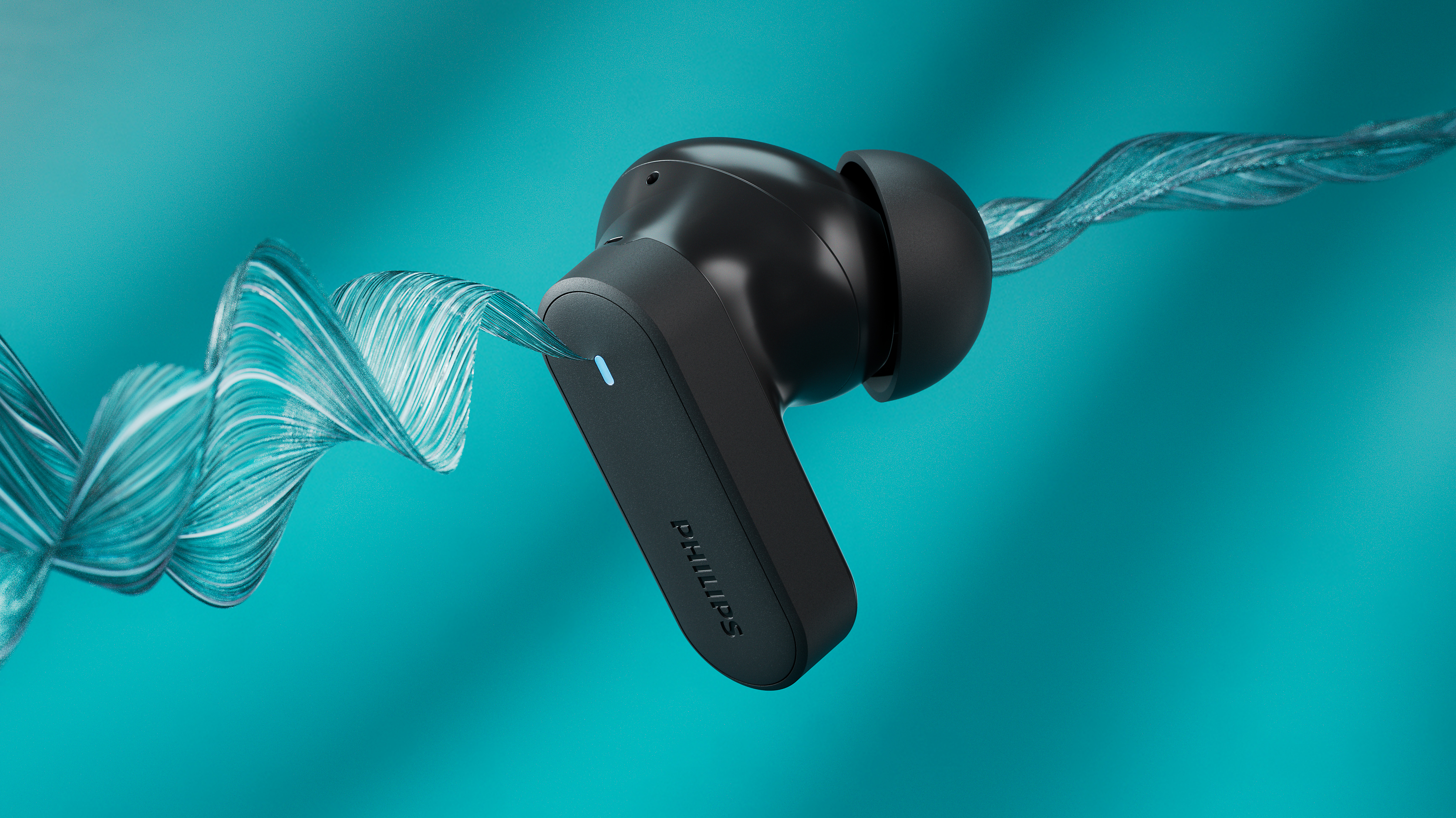 Philips noise cancelling in-ear headphones with sound waves on a blue background