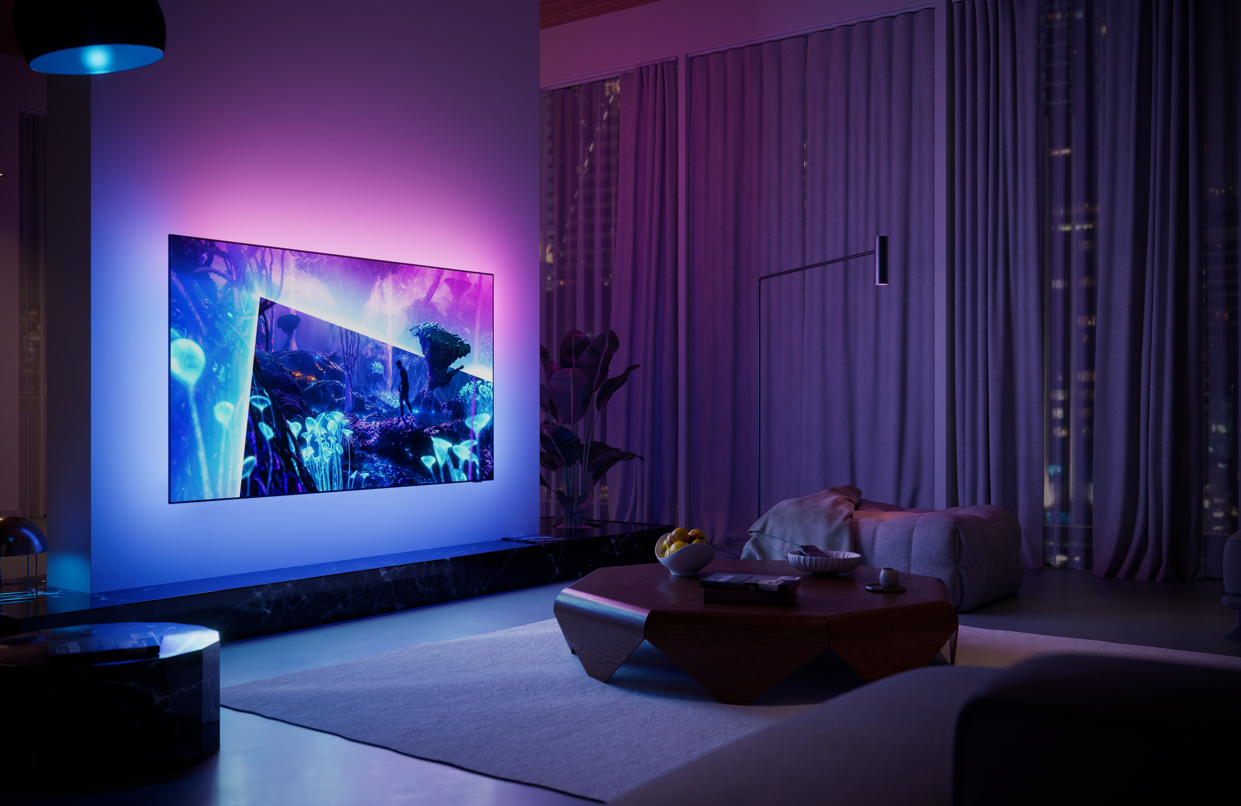 Philips Ambilight TV in a modern living room, displaying a vibrant fantasy scene with immersive blue and purple ambient lighting extending onto the wall behind the screen.