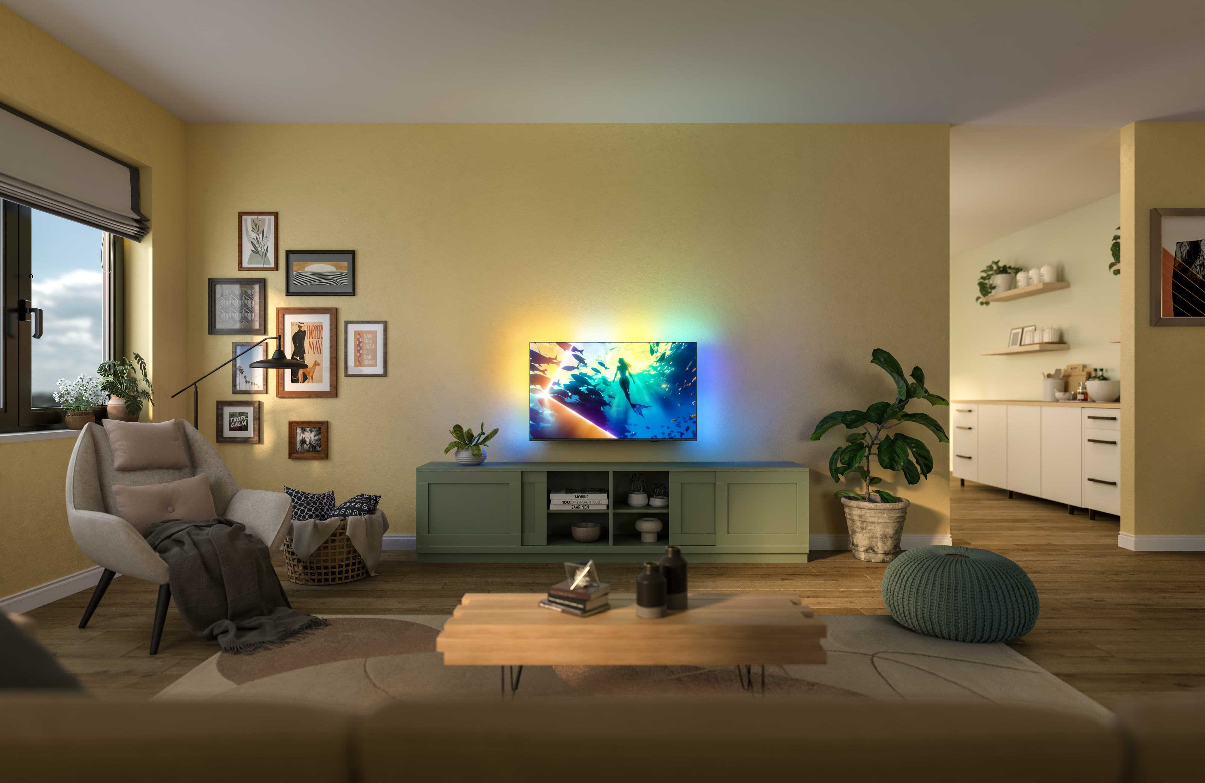 43 inch Philips Ambilight TV in a living room