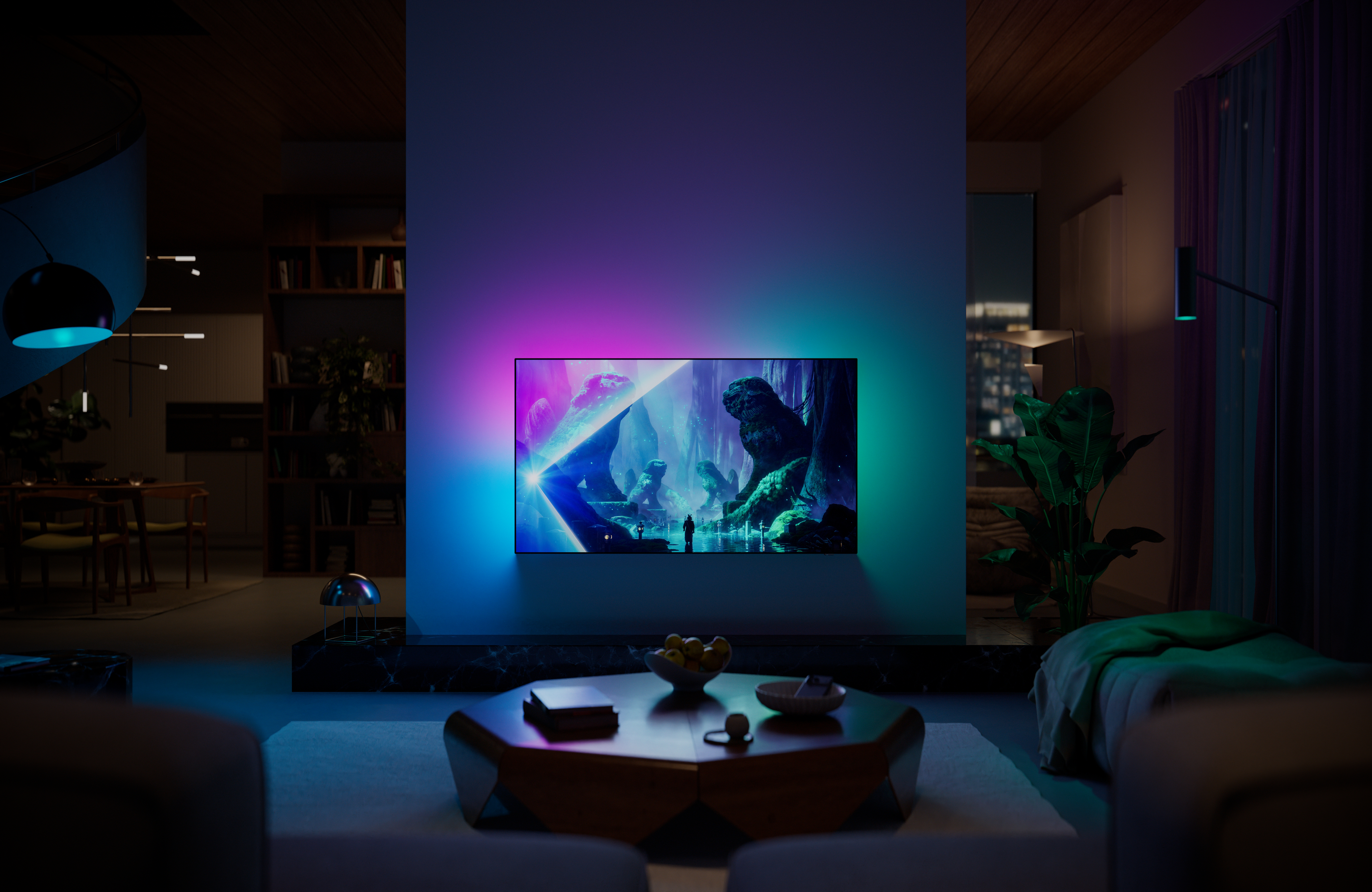 Philips Ambilight TV mounted in a modern living room, displaying a vibrant fantasy scene with colorful ambient lighting extending onto the wall.