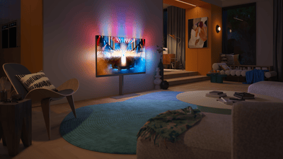 Τηλεόραση Philips Ambilight σε βάση που φωτίζει ένα μοντέρνο σαλόνι με πολύχρωμα εφέ φωτισμού.