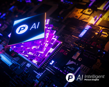 Futuristic P5 AI chip glowing in purple and pink on motherboard