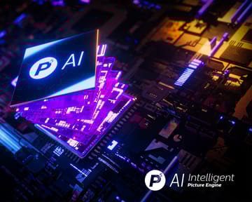 Futuristic P5 AI chip glowing in purple and pink on motherboard