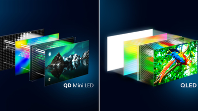 QD Mini LED un QLED televizoru displeja slāņu struktūru salīdzinājums