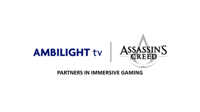 Ambilight TV- en Assassin’s Creed-logo's naast elkaar met de tekst ‘Partners in meeslepende gaming’.