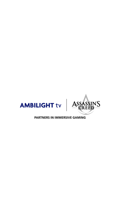 Ambilight TV- en Assassin’s Creed-logo's naast elkaar met de tekst ‘Partners in meeslepende gaming’.