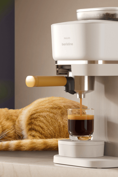 Philips Baristina with a sleeping cat beside it