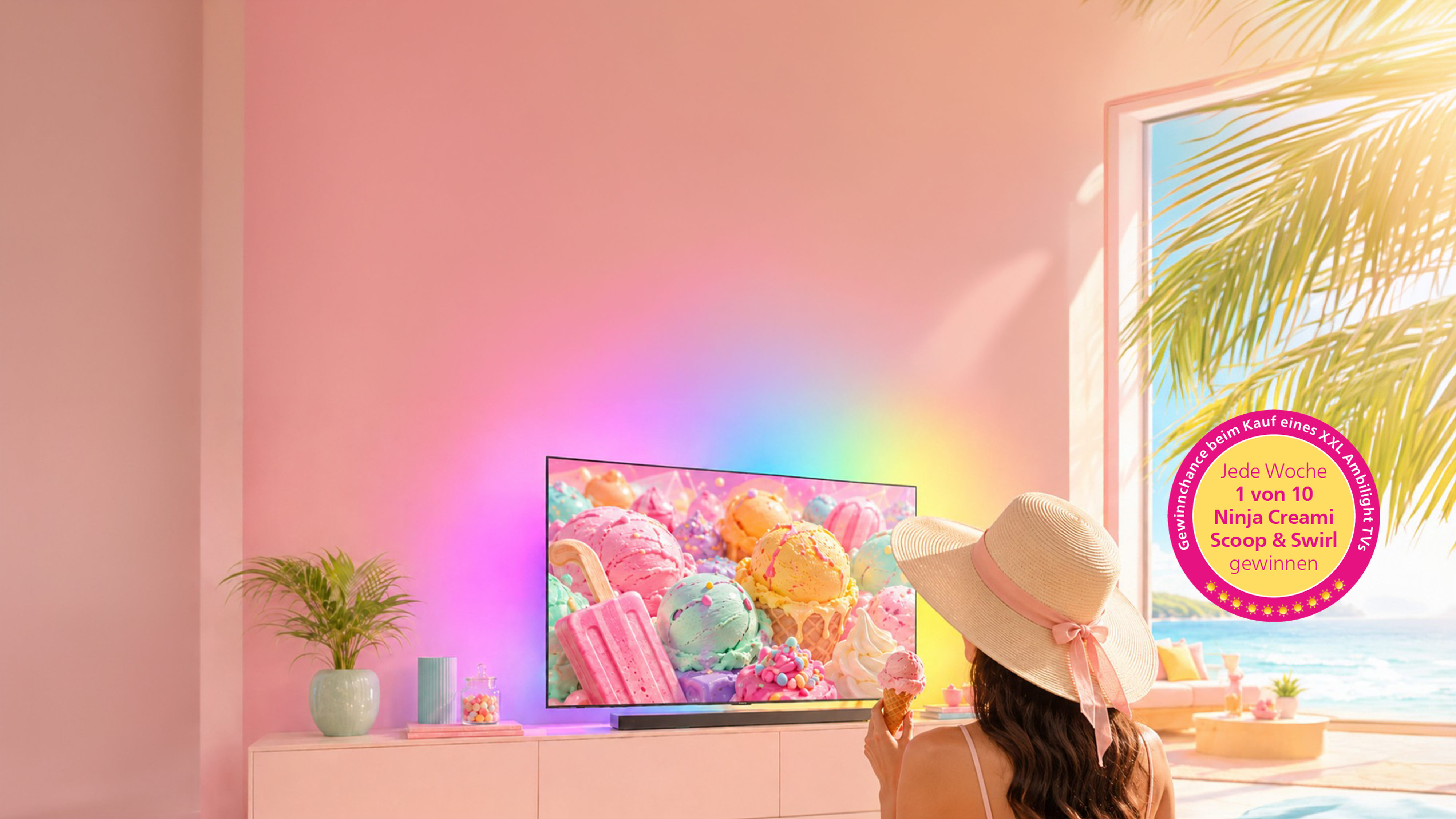 Philips Ambilight TV mit farbenfrohen Eiscreme-Motiven und lebendiger Ambilight-Beleuchtung in einem hellen, pastellfarbenen Raum.