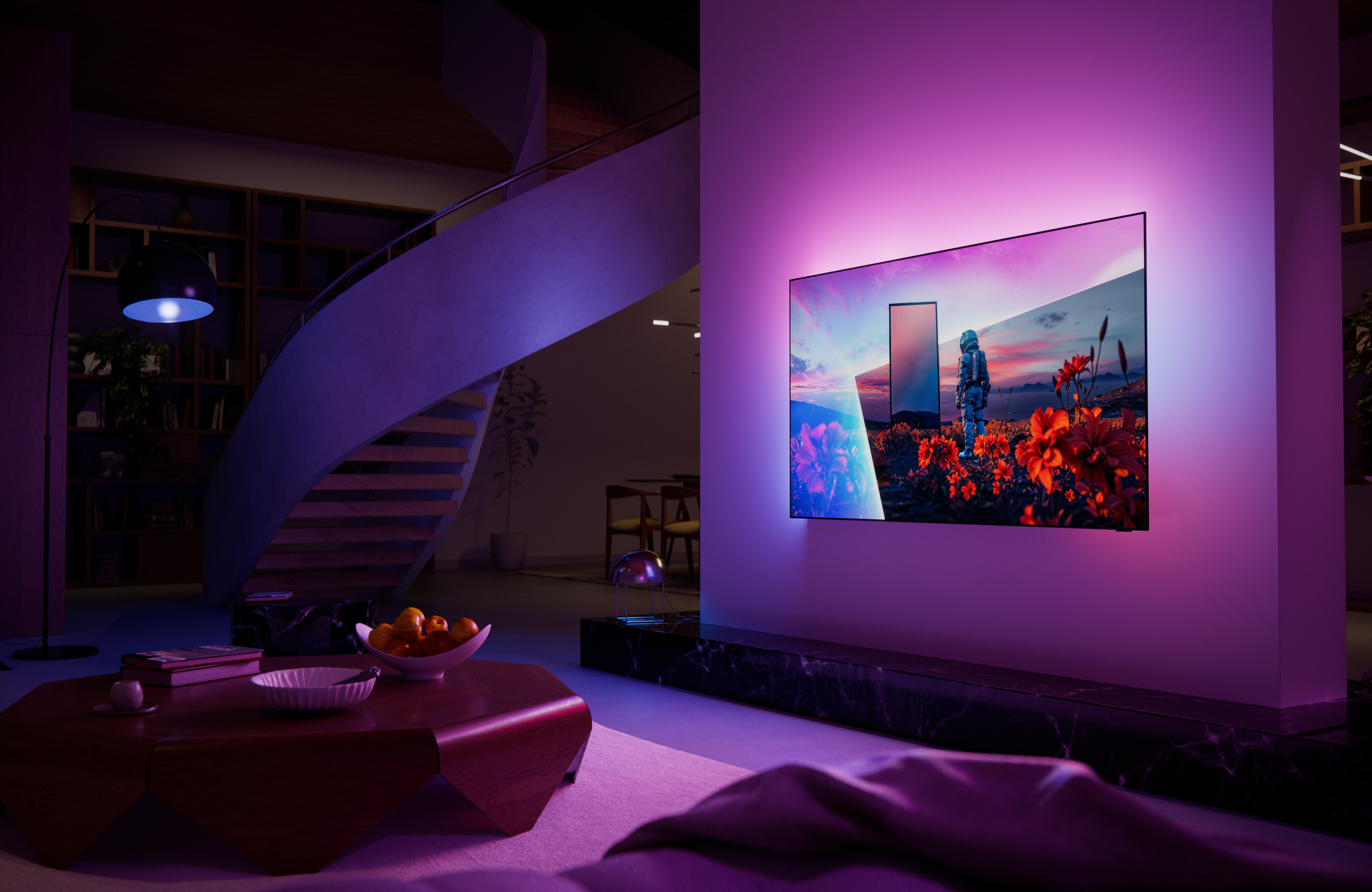 Philips Ambilight TV in a dark room - from an angle