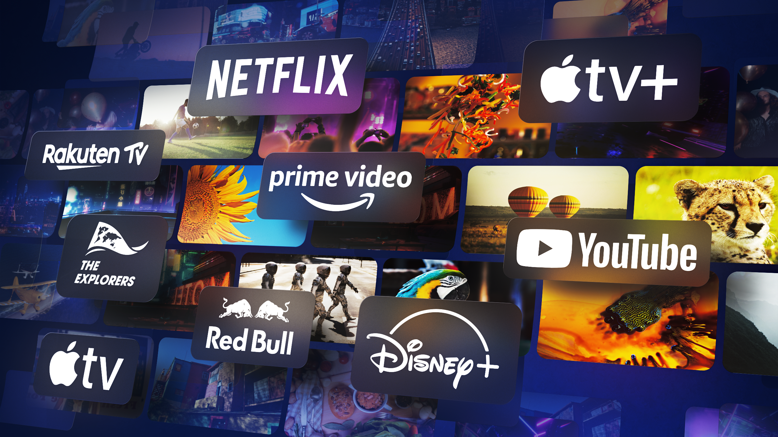 Λογότυπα υπηρεσιών streaming όπως Netflix, Prime Video, YouTube, Disney+ και Apple TV+ σε δυναμικό κολάζ.