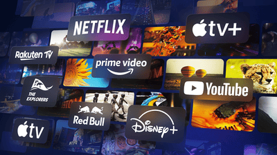 Λογότυπα υπηρεσιών streaming όπως Netflix, Prime Video, YouTube, Disney+ και Apple TV+ σε δυναμικό κολάζ.