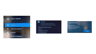 Três telas do menu de uma TV Philips mostrando o menu rápido, a seção de ajuda e as informações do televisor